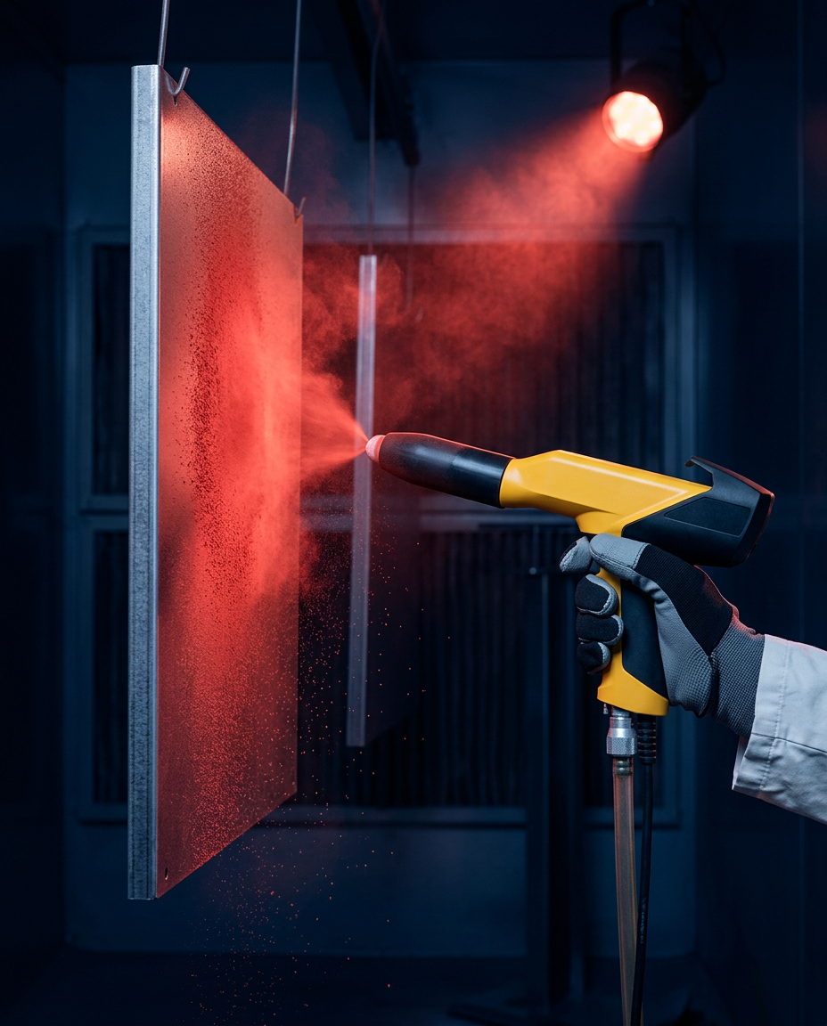 Görsel: Elektrostatik toz boya tabancasıyla metal parçaya uygulama anı
